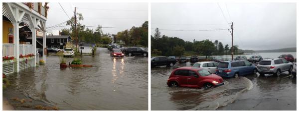 An image of water lapping against a porch; an image of a car driving through several inches of water